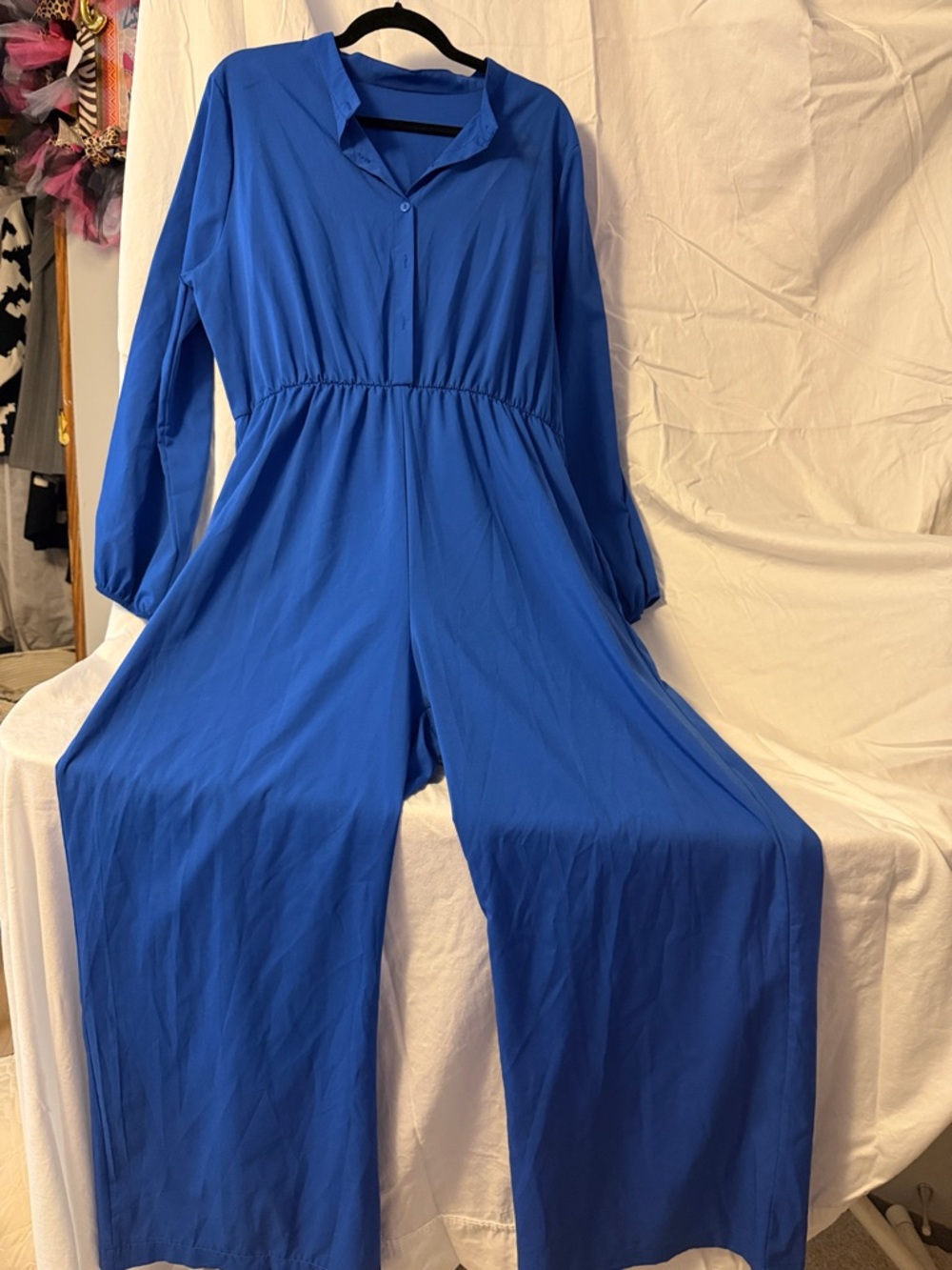 Source Unknown Royal Blue Long-Sleeve Collared Jumpsuit